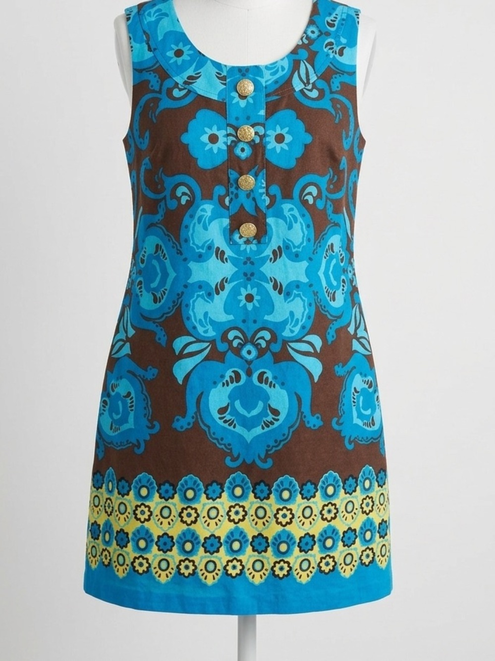 Jessica Howard Blue and Brown Floral Mini Dress with Yellow Hem FLAWS